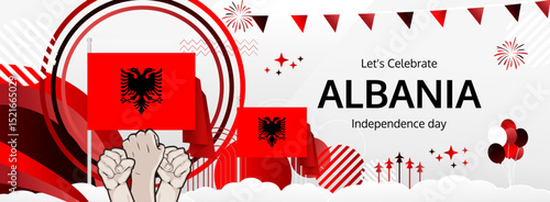 Albania Independence Day modern greeting banner. 28 November Happy National Day. Festive horizontal background with flag colors, great for carnival poster, tourism campaign, holidays flash sale