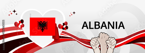 Albania Independence Day modern greeting banner. 28 November Happy National Day. Festive horizontal background with flag colors, great for carnival poster, tourism campaign, holidays flash sale