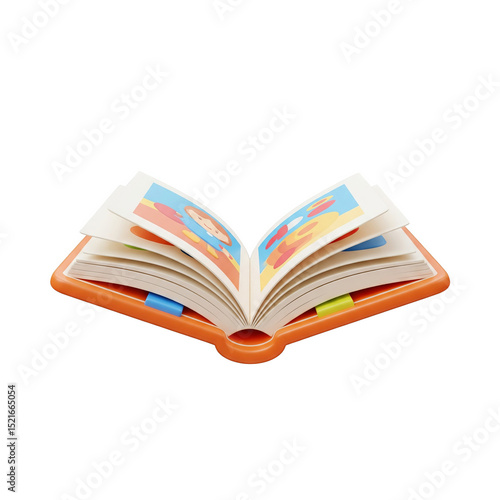 3D Render of an Open Children's Storybook with Colorful Illustrations and Bookmarks - Education, Learning, and Reading