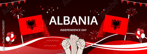 Albania Independence Day modern greeting banner. 28 November Happy National Day. Festive horizontal background with flag colors, great for carnival poster, tourism campaign, holidays flash sale