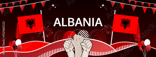 Albania Independence Day modern greeting banner. 28 November Happy National Day. Festive horizontal background with flag colors, great for carnival poster, tourism campaign, holidays flash sale