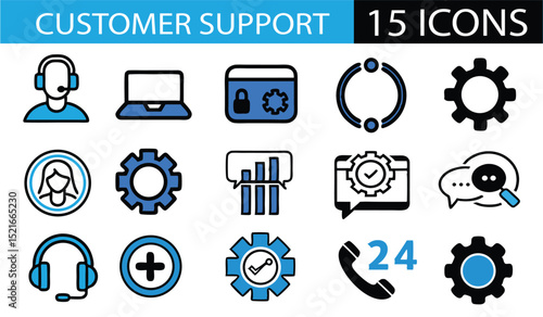 Collection of fifteen customer support icons in blue and black for technical assistance and help.