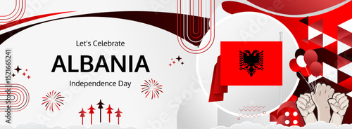 Albania Independence Day modern greeting banner. 28 November Happy National Day. Festive horizontal background with flag colors, great for carnival poster, tourism campaign, holidays flash sale