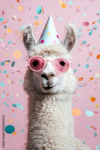 Llama Wearing Pink Glasses and a Party Hat Surrounded by Colorful Confetti.