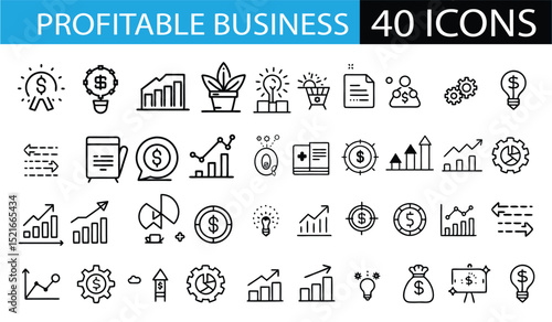 Collection of forty minimal business icons illustrating finance growth and profitable strategies