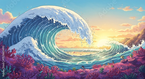 Ocean Wave Crashing on Beach at Sunset Cartoon Illustration