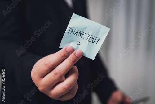 Grateful hand gesture thank you note delivery professional business setting