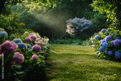 Lush Garden Pathway Lined With Colorful Hydrangeas in Morning Light