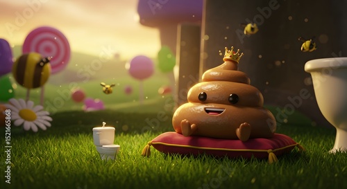 Cartoon Poop Character Wearing Crown on Pillow in Fantasy Landscape