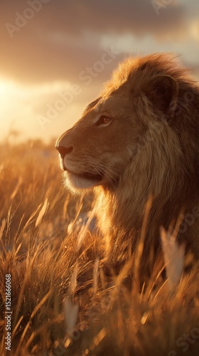 Majestic Lion Resting in Golden Grass at Sunset in the Savannah.