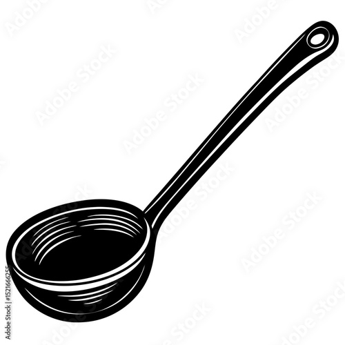 Black and white illustration of a classic long handled ladle kitchen utensil