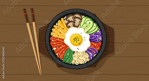 Colorful Korean bibimbap bowl with vegetables and fried egg  