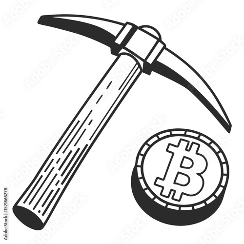Bitcoin mining pickaxe and cryptocurrency coin illustration