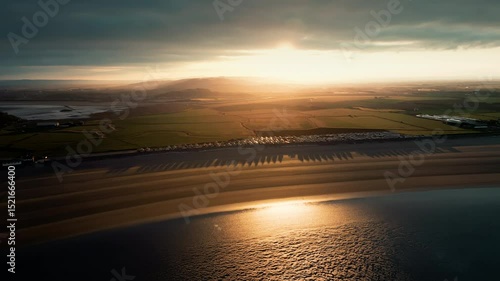 Drone shot along beach at Brean Down, Burnham-On-Sea, UK.