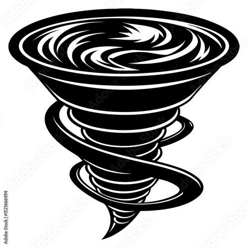 Stylized black and white tornado illustration graphic design element
