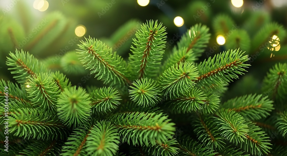 Close-up of Fresh Green Fir Branches with Bokeh Christmas Lights Close-up of Fresh Green Fir Branches with Bokeh Christmas Lights