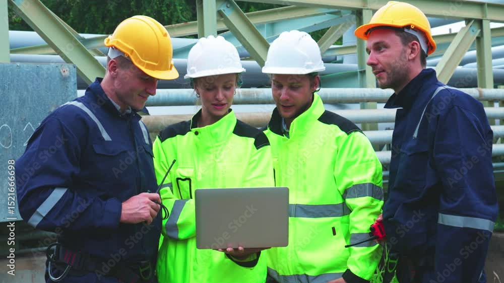 Engineers Reviewing Data at Industrial Site at Night Engineers Reviewing Data at Industrial Site at Night