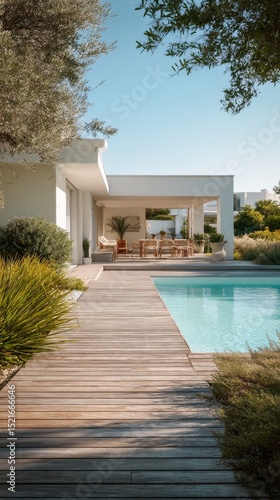 Modern Villa With Pool and Wooden Deck in Sunny Outdoor Setting.