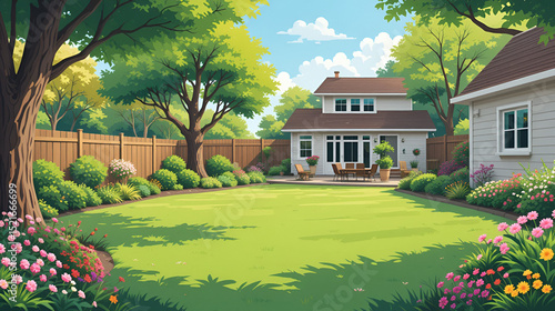 House backyard. Vector illustration of backyard with trees, bushes, green grass lawn, flowers and wood fence. Horizontal garden banner. Spring or summer landscape. Patio area for BBQ, birthday parties
