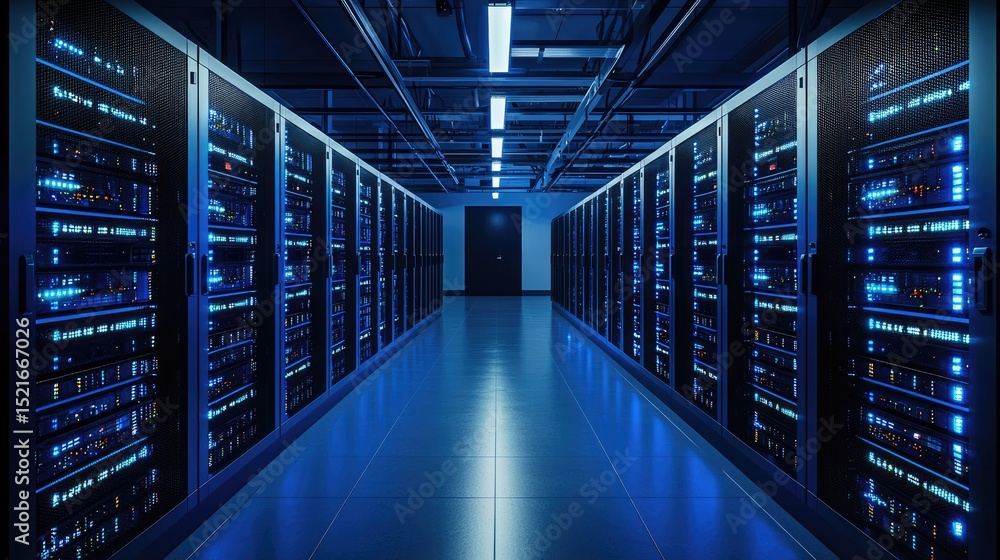 Fototapeta premium Bright and structured data center interior with organized server racks and glowing blue indicators, representing cloud computing, secure infrastructure, and modern networks