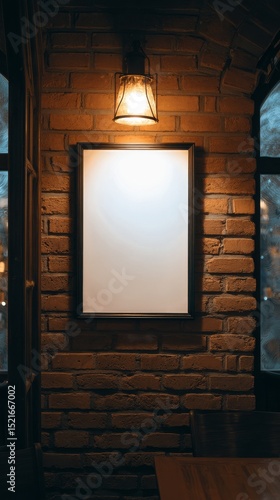 Blank Frame Illuminated by Warm Light in a Rustic Cafe Interior During Evenin...