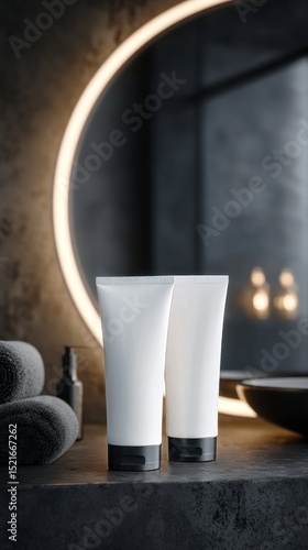 Minimalist Bathroom With White Tubes and a Circular Mirror Reflecting a Moder...
