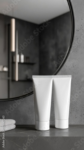 Minimalist Bathroom With White Tubes and a Circular Mirror Reflecting a Moder...