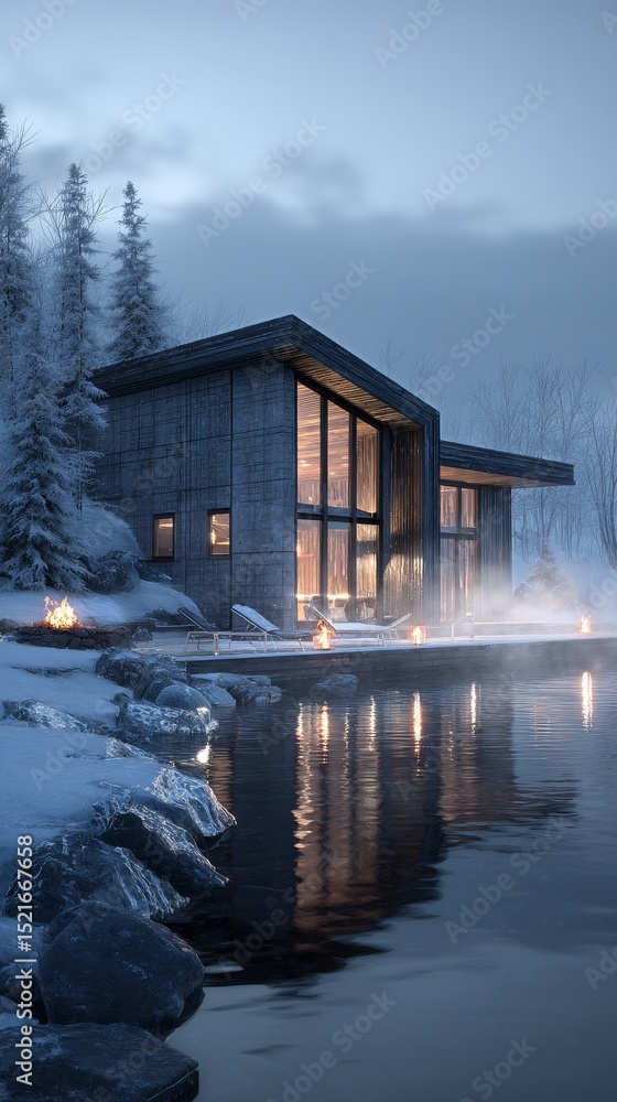 Fototapeta premium Modern Cabin Surrounded by Snow Near a Tranquil Lake During Twilight
