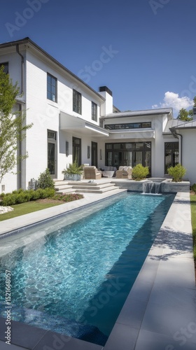 Elegant Backyard Pool Surrounded by Trees and Greenery on a Sunny Day.