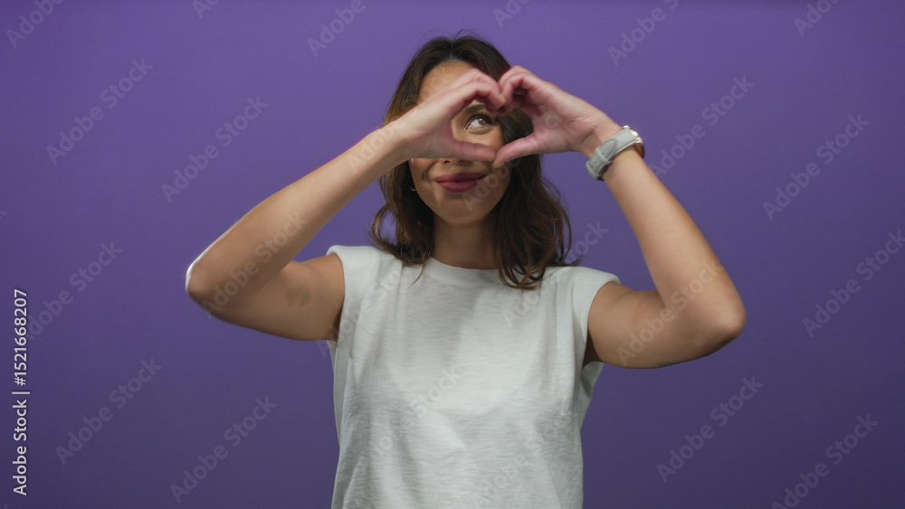Hispanic woman forming heart shape with hands over isolated purple background wearing white t-shirt and expressing love and happiness with a cheerful smile and playful attitude. Hispanic woman forming heart shape with hands over isolated purple background wearing white t-shirt and expressing love and happiness with a cheerful smile and playful attitude.