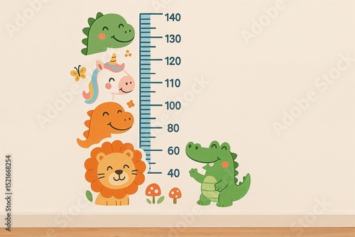 Colorful preschool height chart on wall with cute animal illustrations  