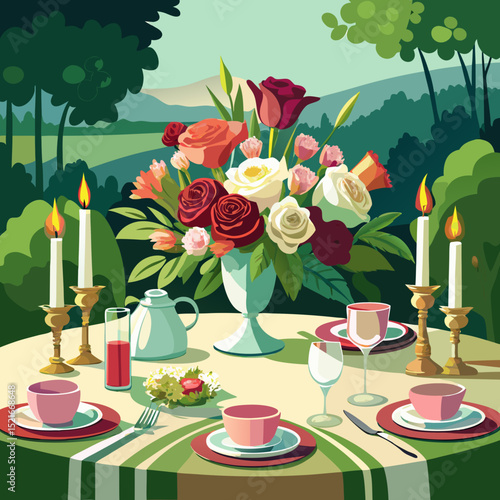 table with flowers "Elegant Garden Banquet Setup with Floral Centerpiece – Flat Vector Art"

