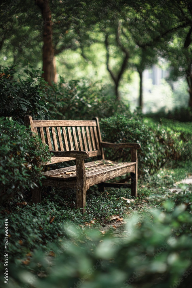 Wooden Bench Nestled Among Lush Greenery in a Tranquil Park Setting Wooden Bench Nestled Among Lush Greenery in a Tranquil Park Setting