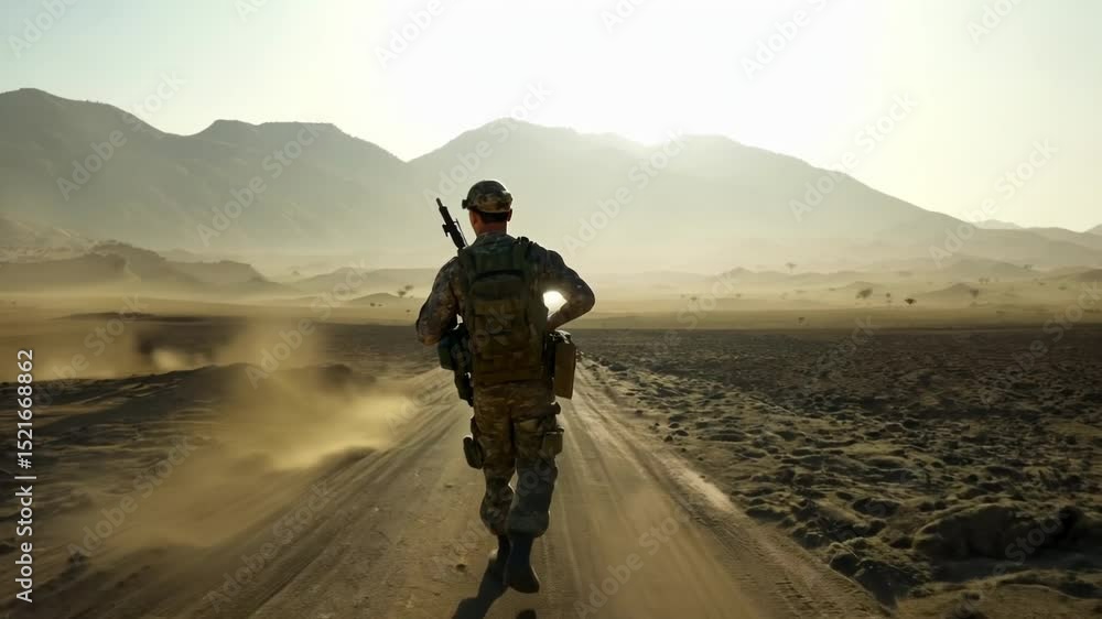 Uniformed military soldier walks steadily along empty desert road with dramatic mountain ranges in background during daytime mission patrol creating solitude atmosphere Uniformed military soldier walks steadily along empty desert road with dramatic mountain ranges in background during daytime mission patrol creating solitude atmosphere