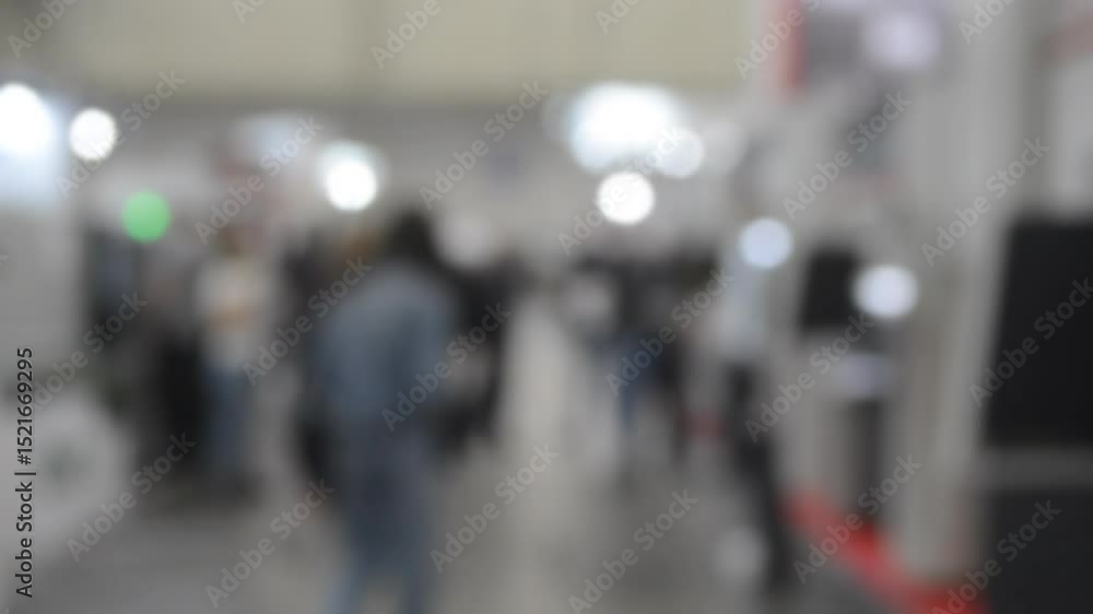 People walking in building. Building with walls, floor, ceiling illuminated lamps. Silhouettes of people indoors. Many people walking. Men and women in tall hall. Exhibition center. Blurred background People walking in building. Building with walls, floor, ceiling illuminated lamps. Silhouettes of people indoors. Many people walking. Men and women in tall hall. Exhibition center. Blurred background