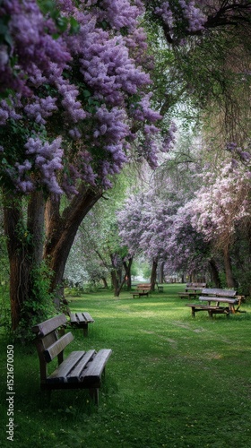 Relaxing Moments in a Tranquil Park Surrounded by Blooming Lilac Trees During...