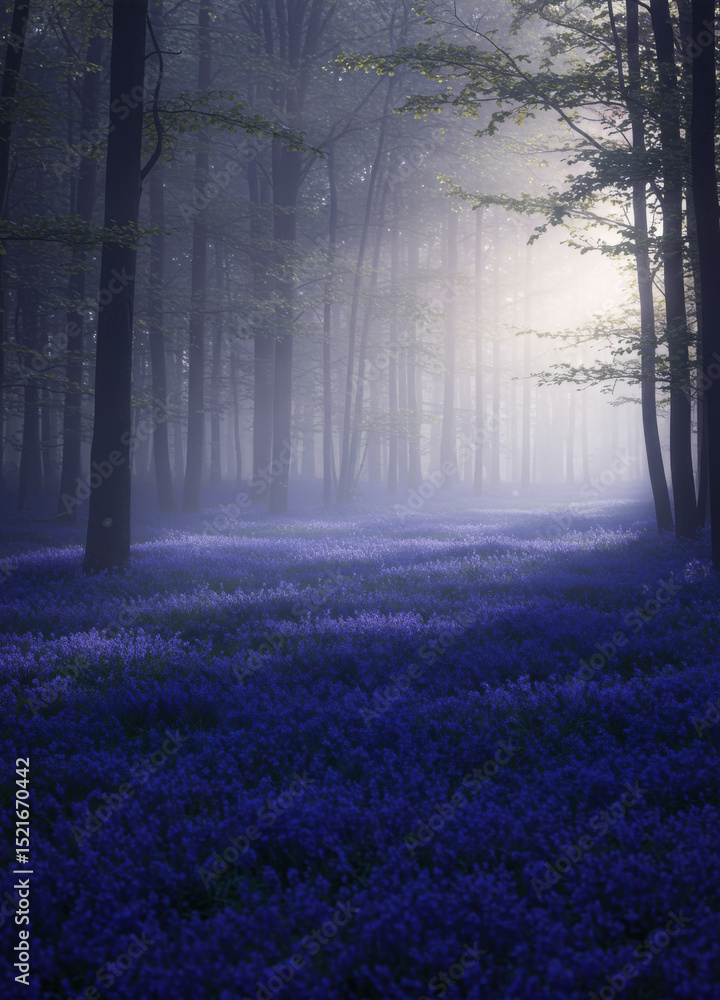 Fototapeta premium Enchanting Bluebell Forest Path - Mystical forest, bluebell meadow, sunlit path, morning mist, tranquil nature. Symbolizes serenity, magic, mystery, hope, and renewal