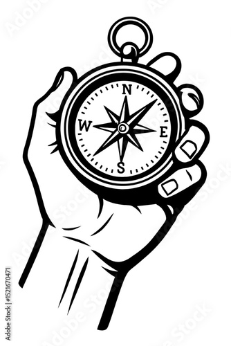 Hand Holding Vintage Navigation Compass Icon - Symbol of Adventure, Direction, and Exploration