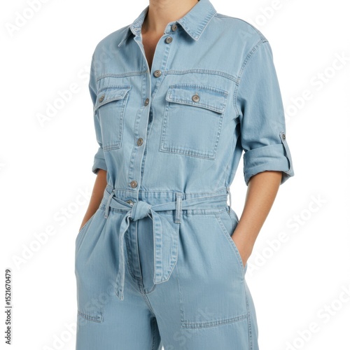 Light blue denim jumpsuit isolated on white background