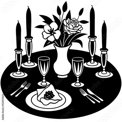 "Romantic Garden Dinner Table Silhouette with Floral Centerpiece – Vector"

