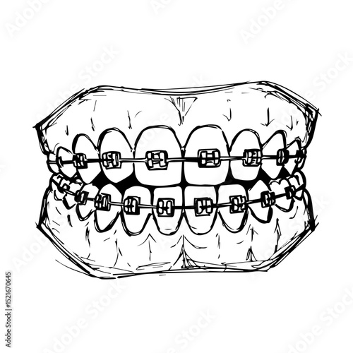 Orthodontic braces on teeth. Detailed sketch of human teeth with metal braces. Illustration of dental braces for informational materials or patient education in dentistry.
