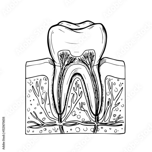 Detailed tooth anatomy illustration showing root, nerves, and gum tissue. This precise drawing depicts dental structure including enamel, dentin, and pulp chamber.