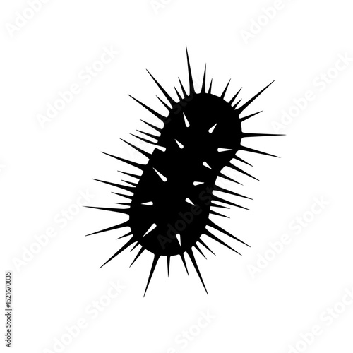 Microscopic organism illustration, detailed spiky cell structure, black silhouette on white background. Single-celled organism graphic, perfect for scientific publications, educational materials,