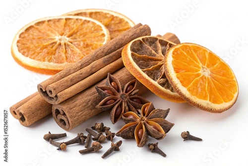 Aromatic spices collection igredients for mulled wine isolated on white background