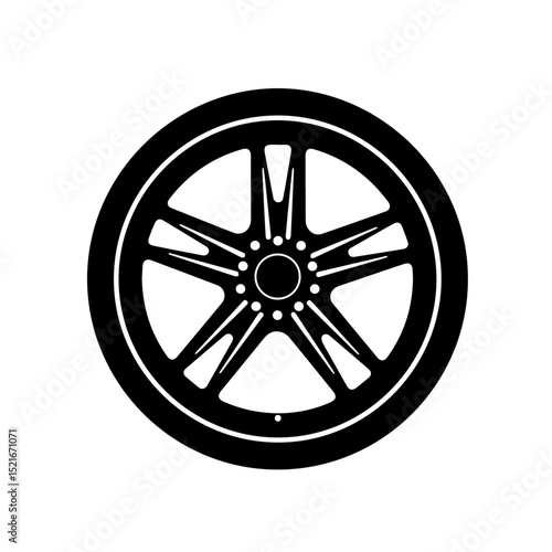 Stylish car wheel rim design.  Black car wheel rim illustration with five spokes. Detailed image of elegant car wheel for automotive accessories or dental clinic logos.