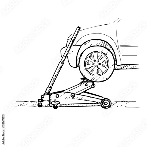Car repair illustration showing floor jack lifting automobile wheel.  Detailed drawing depicts a simple floor jack supporting car for tire change or maintenance.