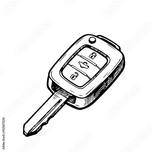 Car key with remote control buttons. Stylish car key with key fob and metal blade.  Detailed drawing of modern car key perfect for automotive manuals, brochures, and car keychains packaging.