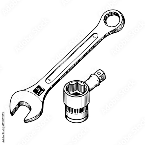 Wrench and socket set for car repair or home maintenance. Tools include combination wrench and socket adapter. High-quality image of tools for automotive or gardening equipment maintenance.