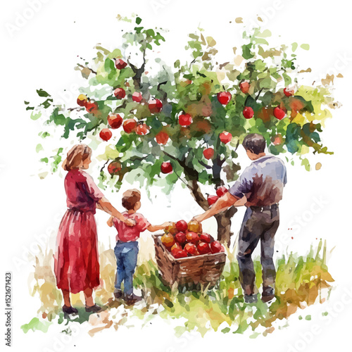 Families Picking Apples Orchard, watercolor clipart vector, high quality, isolated on a white background.