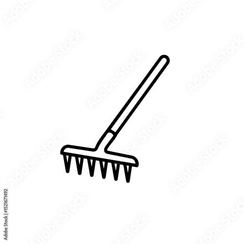 Simple gardening rake icon.  Rake tool for yard work.  Line art illustration of gardening equipment. This image is perfect for garden supply catalogs or websites selling gardening accessories.